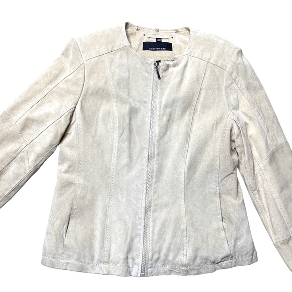 Suede Leather Jacket for Women - Cream Color, Front Zipper, Two Side Poc… - Picture 2 of 10